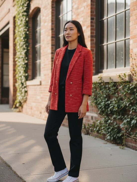 Suzy Shier Jackets & Blazers - Suzy Shier Red Tweed Blazer - Gold Button Detail - Size M - Textured Knit